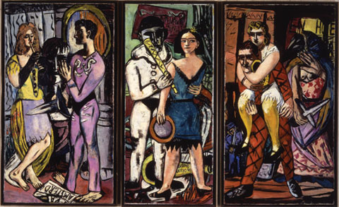 a triptych featuring three couples; the first has a person playing an instrument while the other watches; the second has two people embracing, possibly dancing; the third has one person carrying the other, seemingly running away from a third character
