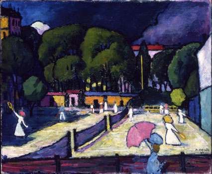people play tennis outdoors with dark-green trees and an ominously dark-blue sky indicating a coming storm