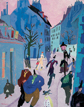 cartoonishly drawn people walk animatedly down a narrow street painted mostly in various shades of blue